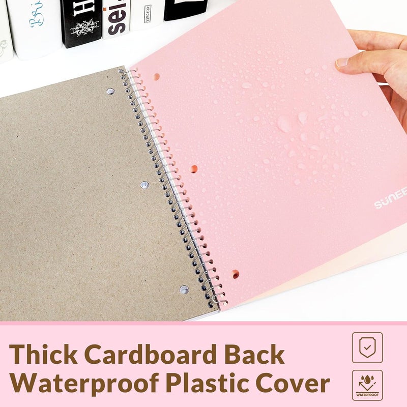 SUNEE Spiral Notebook, 1-Subject, College Ruled Paper, 8" x 10-1/2", 100 Sheets per Notebook, 3-Hole Punched Paper, Water Resistant Cover, Double-sided Pockets, Spiral Lined Notebooks for Work, Pink - Image 4